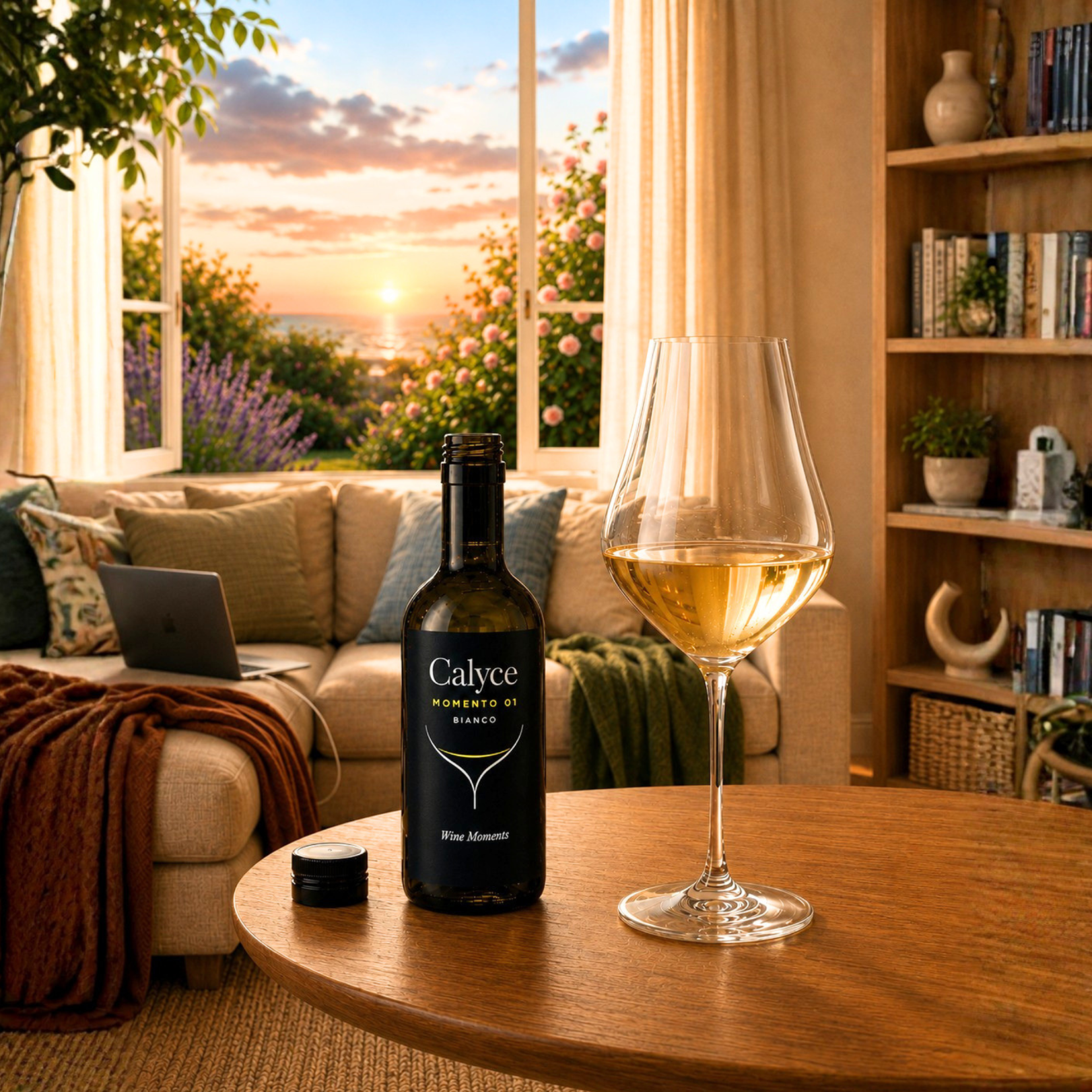 Calice di vino bianco Calyce Momento 01 in un salotto al tramonto
