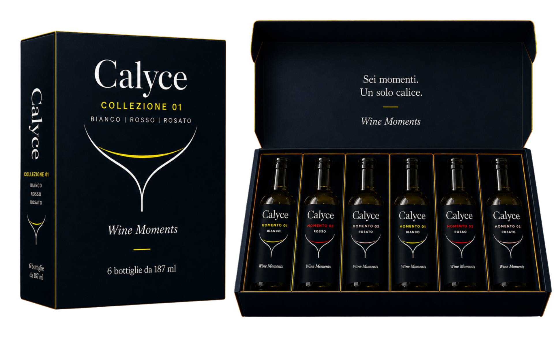 Box Calyce chiusa e aperta con sei bottiglie in formato calice da 187 ml