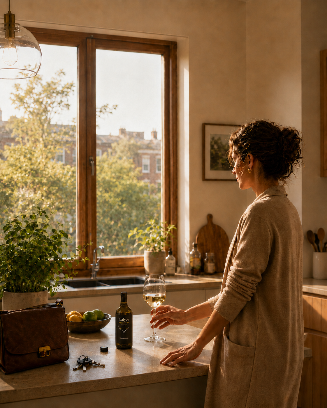 Donna in cucina al tramonto con un calice di vino bianco Calyce sul piano di lavoro